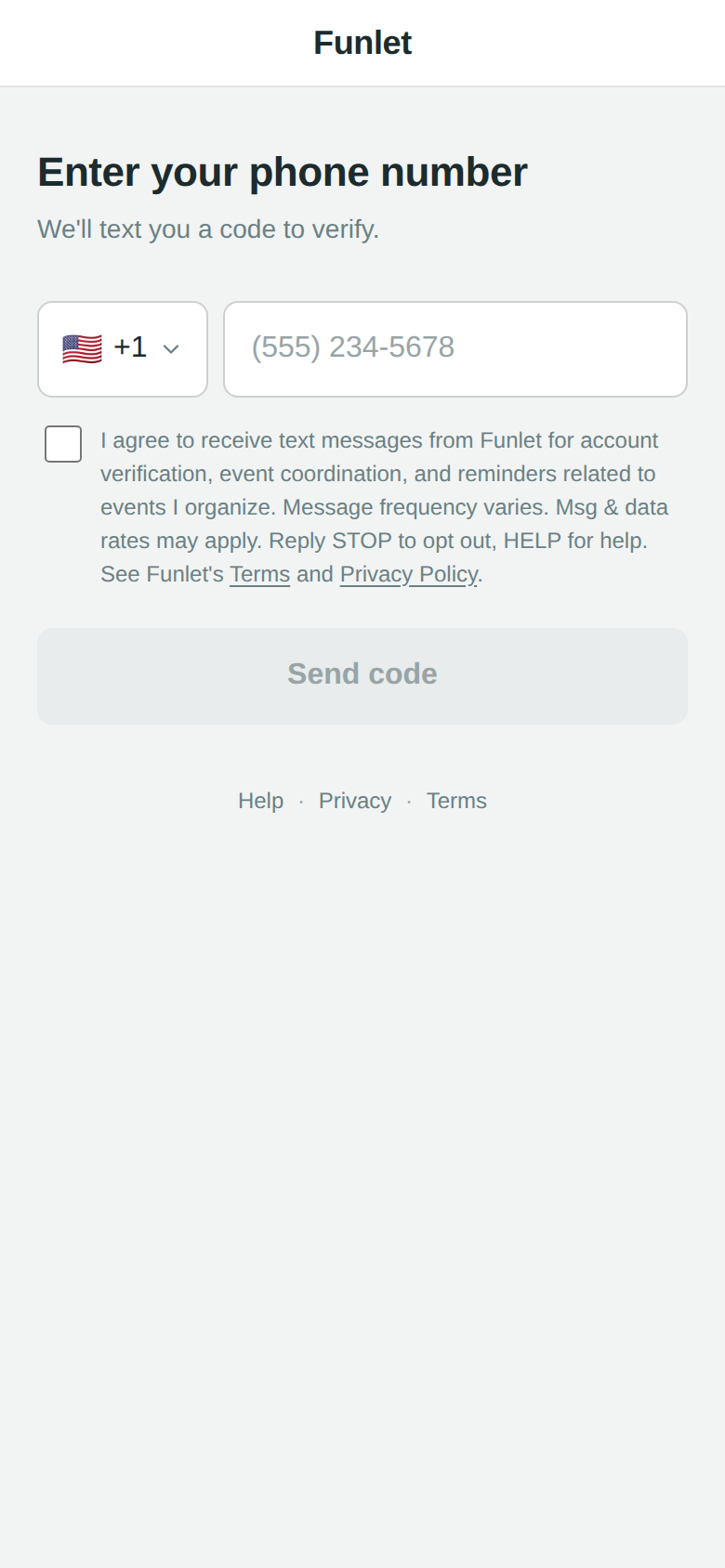 Organizer signup screen showing the optional phone-number field with SMS consent disclosure