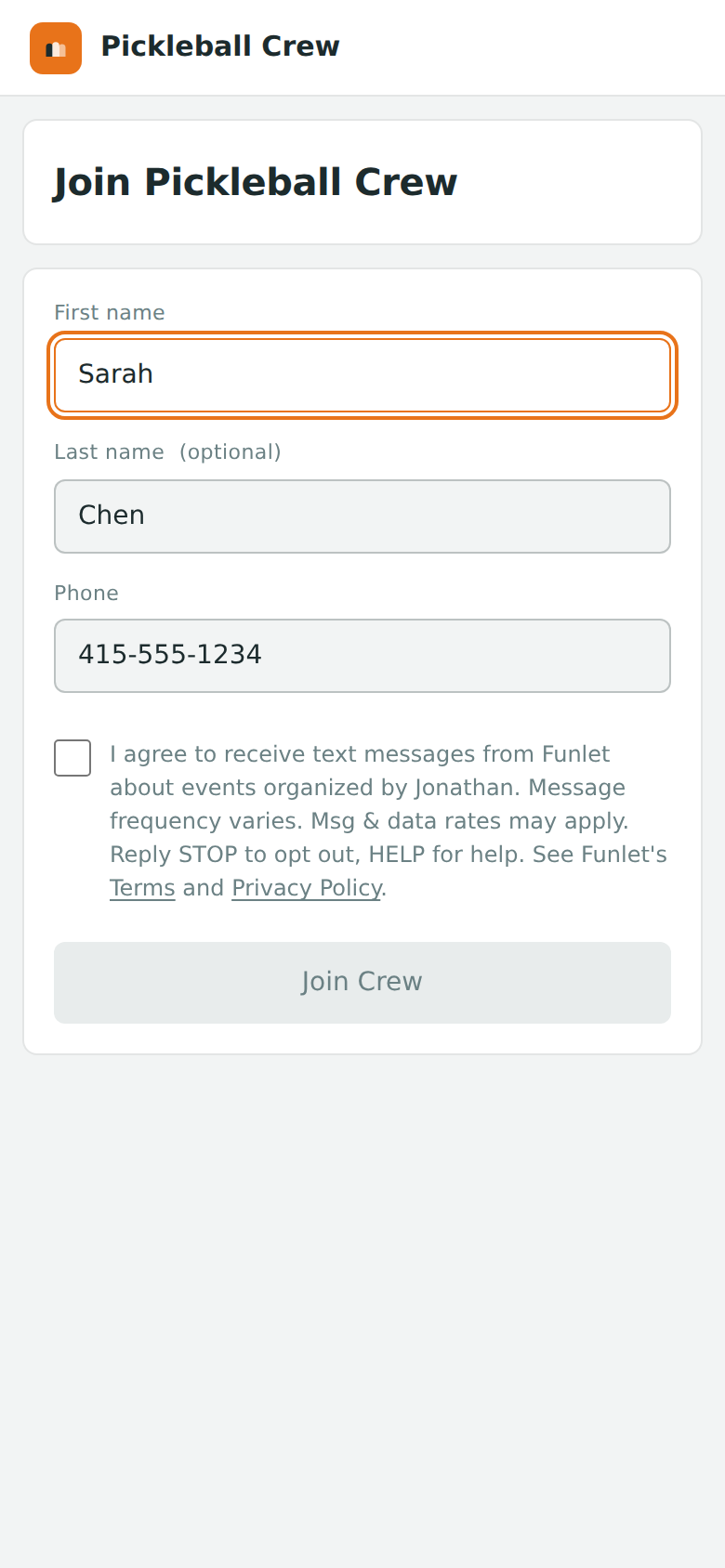 Crew Link landing page showing consent checkboxes, disclosure text, and submit button
